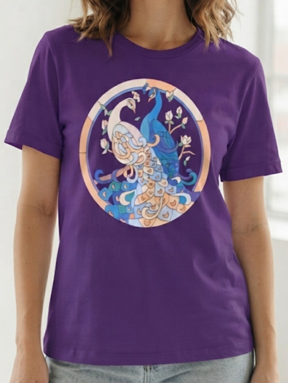 Bella Canvas Purple T-shirt with Colorful Peacock Design Size Large